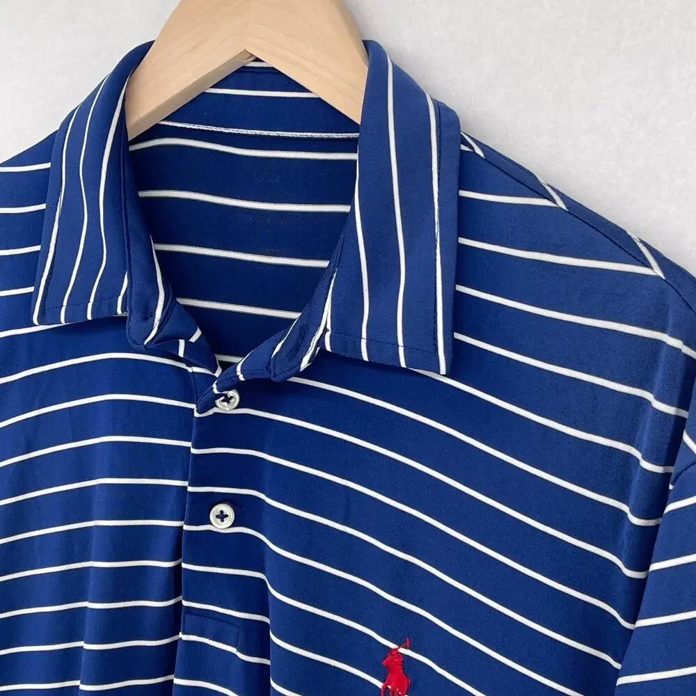POLO RALPH LAUREN Shirt Mens L Striped Polo Golf Performance Short Sleeve Blue